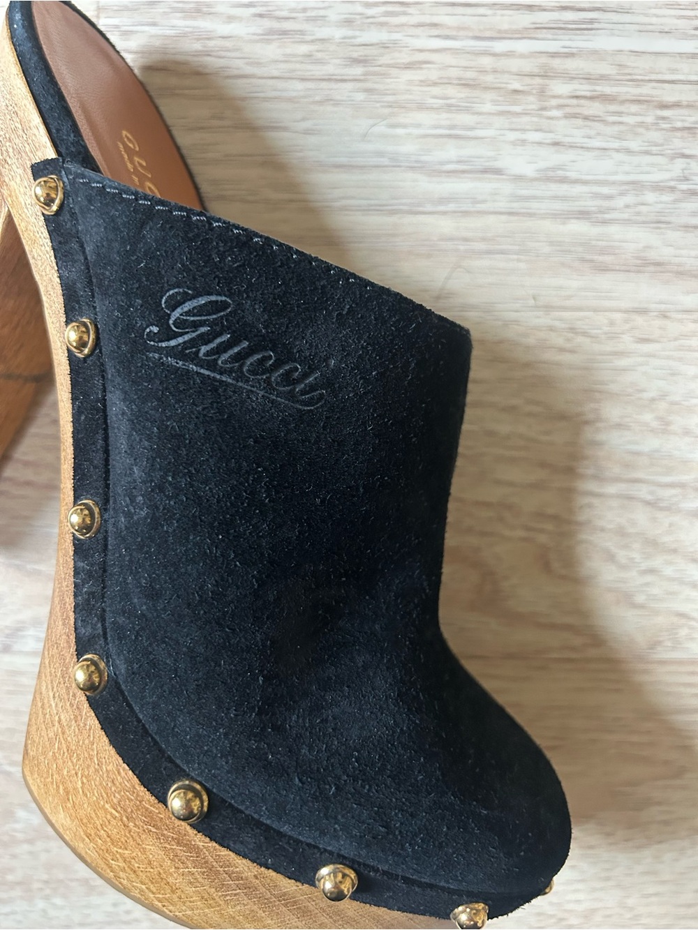 Gucci Black Suede Gold-Stud Wood Platform Mules - Picture 3 of 6